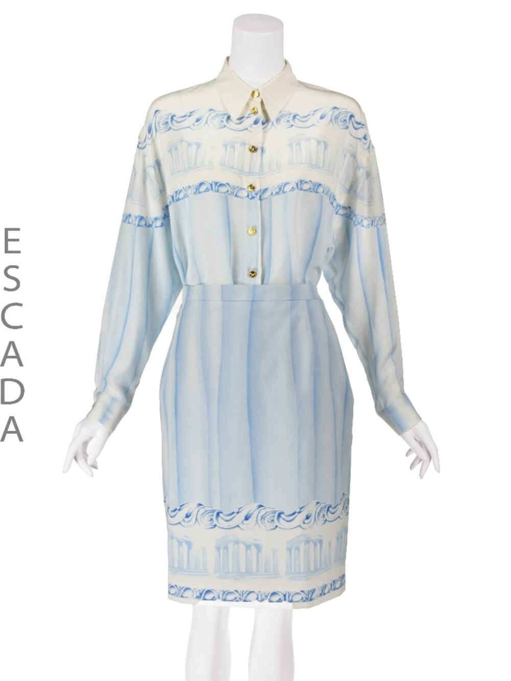 Vintage ESCADA Blue & White Silk Shirt & Cotton Skirt Set w/Greek Columns SZ12